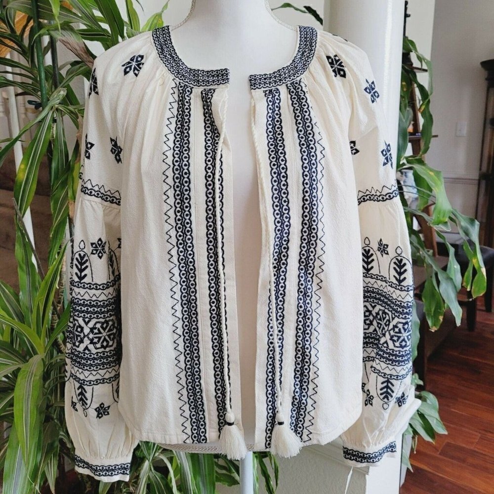 INC International Concepts Med Bohemian Open Front Shacket Embroidered Cream NEW